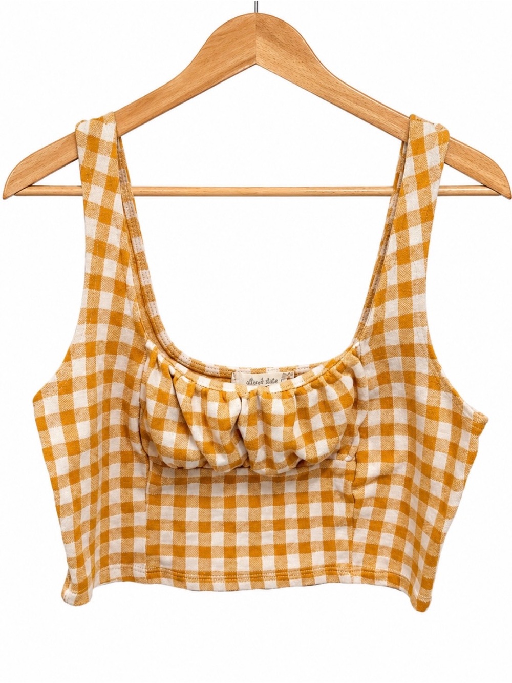 Altar’d State Yellow Gingham Ruched Crop Top Size Small